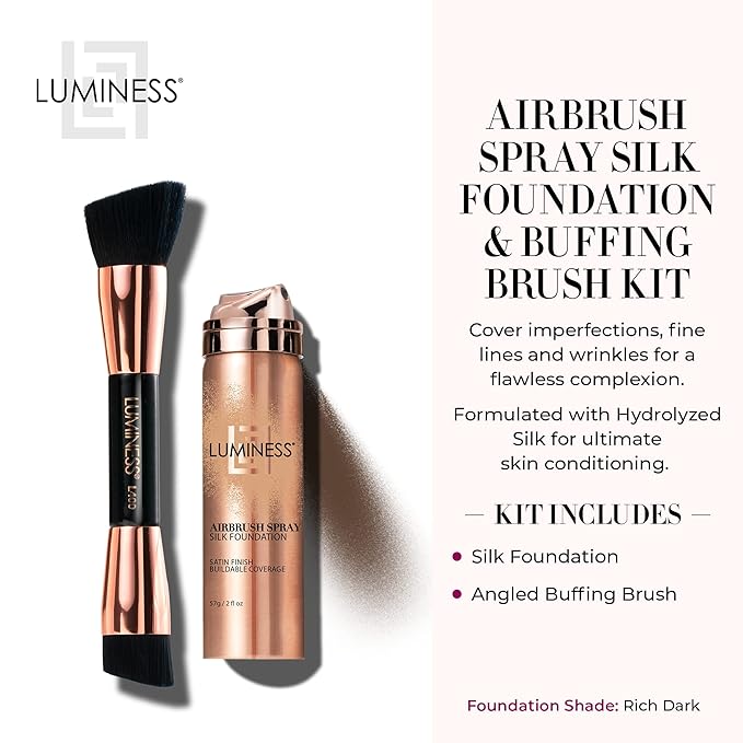 LUMINESS Silk Airbrush Spray Foundation & Buffing Brush Kit – Full Coverage Foundation & Dual-Sided Buffing Brush - Buildable Coverage, Anti-Aging Formula Hydrates & Moisturizes (Shade - Rich Dark)-Velvo Beauty