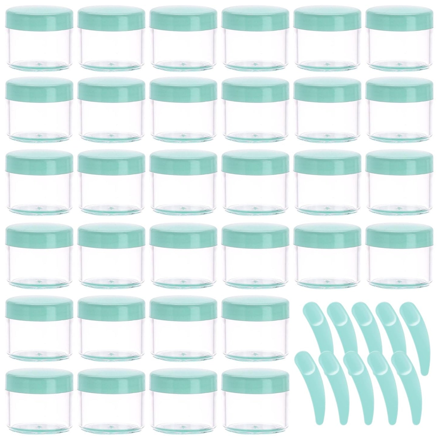 Refillable Cosmetic Sample Jars - 100 Pack 20g (0.7oz) Green Small Travel Containers with Lids + 10 Mini Makeup Spatulas - BPA Free-Velvo Beauty