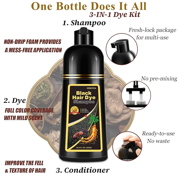 Instant Black Hair Dye Shampoo 3- in-1, 100 Percent Gray Coverage, Magic in 15 Minutes for All Types, Natural Women & Men, Color Depositing Conditioner, Easy to Use-Velvo Beauty