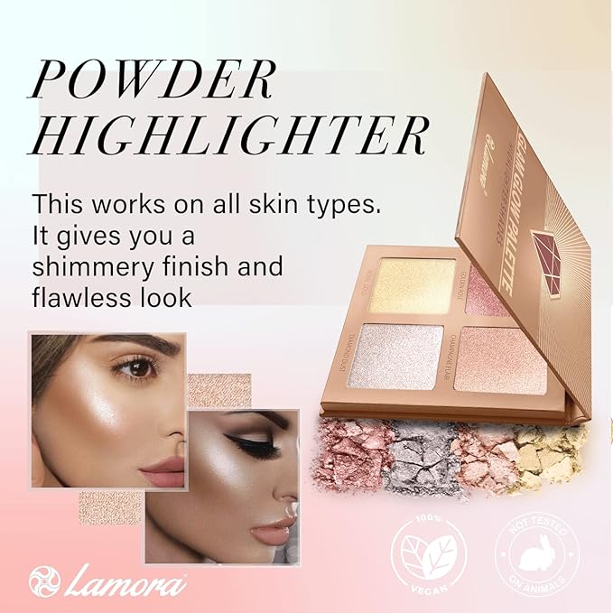 Highlighter Palette Highlighter Makeup Iluminador - Glow Bronzer Powder Makeup Highlighter Kit With Mirror - 4 Highly Pigmented Face Highlighter Shimmer Colors - Vegan, Cruelty Free & Hypoallergenic-Velvo Beauty