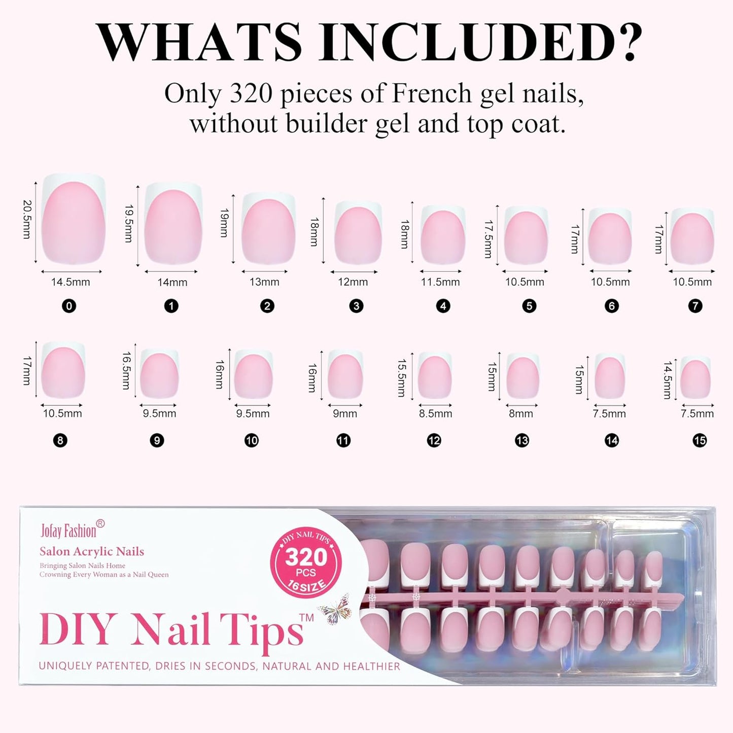 French Gel Nail Tips - Jofay Fashion Short French Tip Press on Nails, 10-Piece Set 320Pcs Pink Square Nail Tips, Pre-applied Tip Primer & Base Coat, No Need to File Fake Nails for Nail Art, 16 Sizes-Velvo Beauty