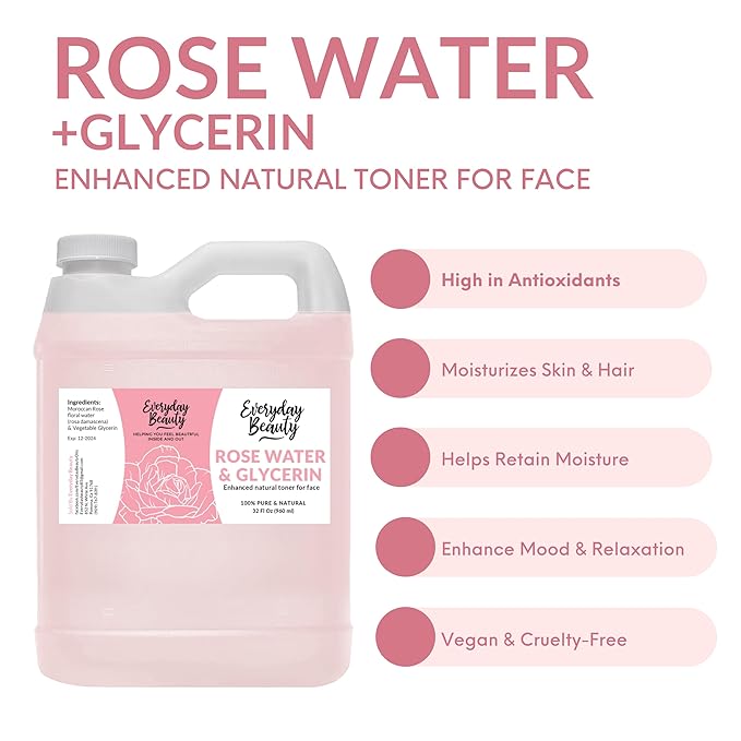 Rose Water & Glycerin Enhanced Facial Toner - 32oz Bulk Alcohol-Free Vegan All Natural Refreshing for Face and Hair - Uplifts, Calming & Soothing for All Skin Types…-Velvo Beauty
