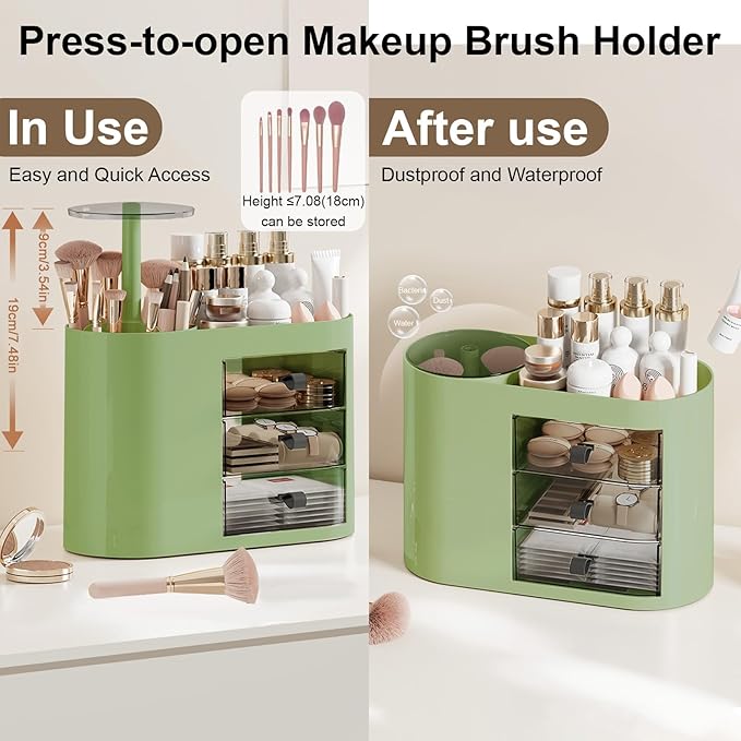 DASITON Makeup Organizer with 3 Drawers,Automatic Lifting Makeup Brush Holder with Lid,Large Capacity Makeup Organizers for Vanity,Bathroom Countertop,Ideal Storage Skin Care,Brushes,Lipstick (Green)-Velvo Beauty