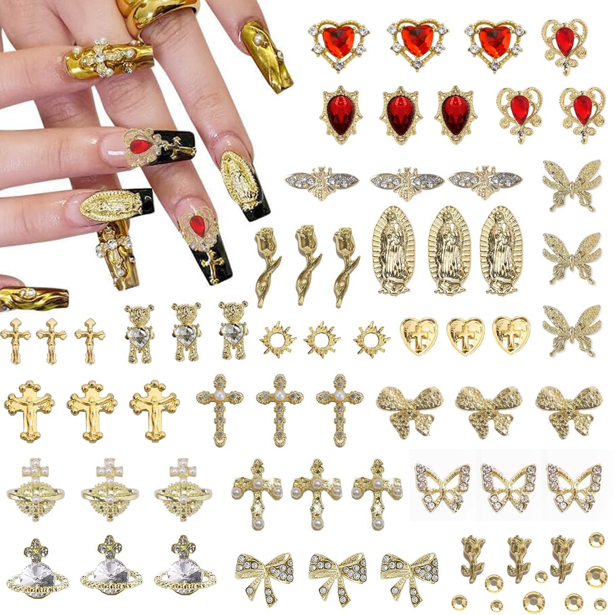 80+ Pcs Golden Nail Charms with Nail Art Rhinestones Gold Cross Virgin Mary and Rose Nail Gems for Acrylic Nails Accessories for Women Nail Decorations Manicure Craft DIY Supplies-Velvo Beauty