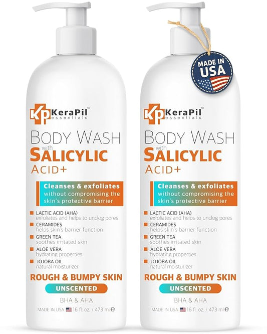 Salicylic Acid Body Wash - Skin Non-drying, Gentle Exfoliates Rough and Bumpy Skin, Body Acne Wash, BHA & AHA - Unscented Exfoliating Body Wash, Made in USA - (16 fl oz x 2)-Velvo Beauty