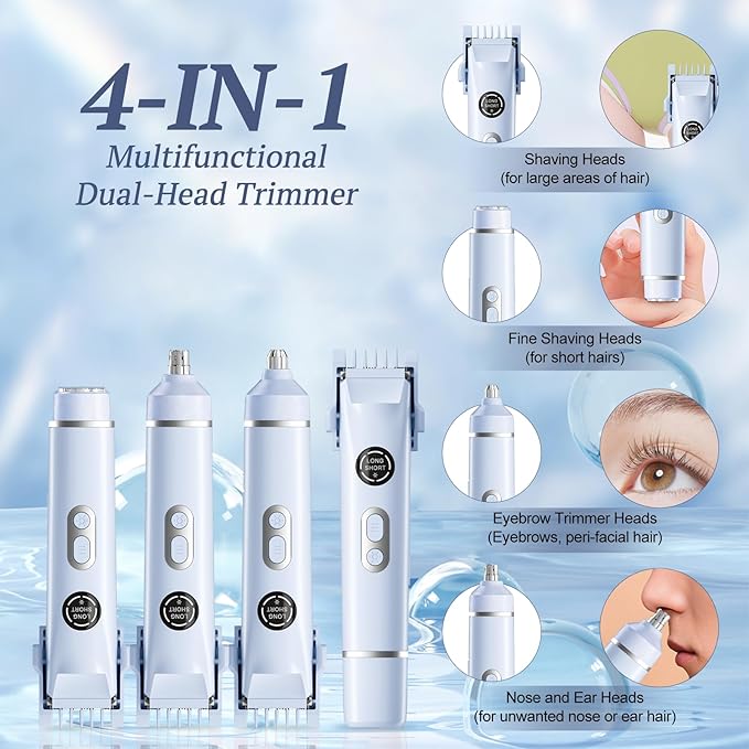 Bikini Trimmer for Women, 4 in 1 Wet/Dry Electric Razors for Women - Dual Head, Painless Rechargeable Portable Womens Razors for Shaving Set for Face, Nose, Eyebrows, Armpits, Bikini Area (Blue)-Velvo Beauty
