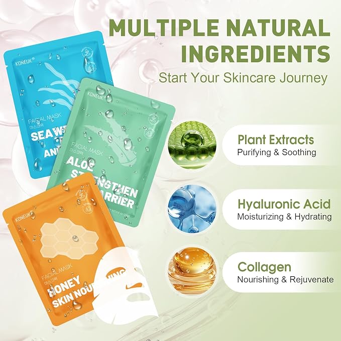 48 Pack Collagen Hydrating Face Masks Skincare for Women, Moisturizing & Soothing Face Mask for All Skin Types, Facial Masks Set Spa Gifts for Women, Bulk Sheet Face Mask for Skin Care-Velvo Beauty