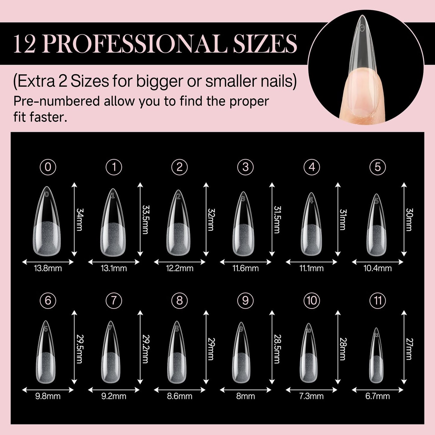 Long Amond Nail Tips: 504pcs Stiletto Gel Nails Tips Half Matte Full Cover Clear False Fake Nails for DIY Nail Art Press On Nails Acrylic Extensions 12 Sizes-Velvo Beauty