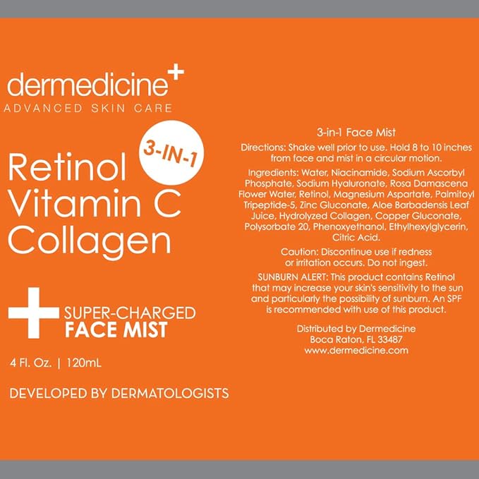 3 in 1 Super-Charged Anti-Aging Face Mist w/Retinol, Vitamin C + Collagen | Hydrates, Refreshes & Brightens for a More Glowing Complexion | 4 fl oz, 120 ml-Velvo Beauty