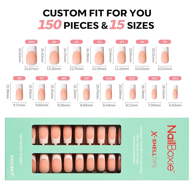 modelones French Tip Press on Nails, 150Pcs Long Square Fake Nails with Nail Box, Deep Nude Gel Nail Tips for Women, Soft Glue-On Nails for Natural Salon Look, DIY Nail Art Kit (15 Sizes)-Velvo Beauty