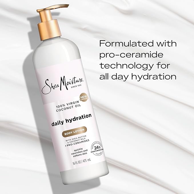 SheaMoisture Daily Hydration Body Lotion with 100% Virgin Coconut Oil, Shea Butter, Coconut Milk and Pro-Ceramides, Quickly Nourish & Soften Skin, 24H Moisturizing 16 oz-Velvo Beauty