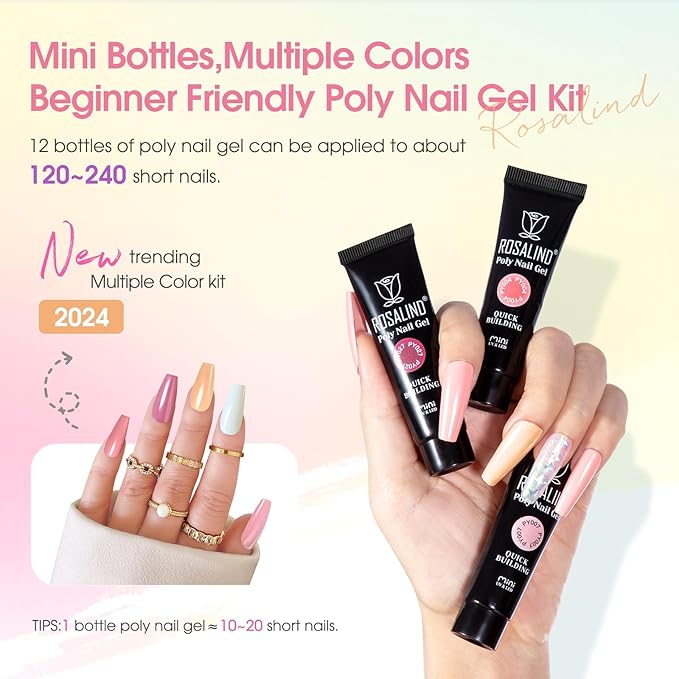 ROSALIND Poly Nail Gel Kit -14 Colors Nail Art Accessories kit Clear Nude Nail Extension Gel Starter with Slip Solution White Nude Pink Nail Extensions Gels Set with Mini UV Lamp-Velvo Beauty