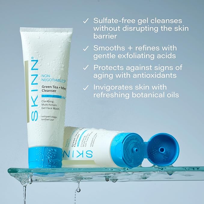SKINN Daily Morning Face Wash, Green Tea + Mint Cleanser, 4oz - Gentle Exfoliating Facial Cleanser for All Skin Types - Formulated with Antioxidant & Botanical Oils & Salicylic Acid-Velvo Beauty