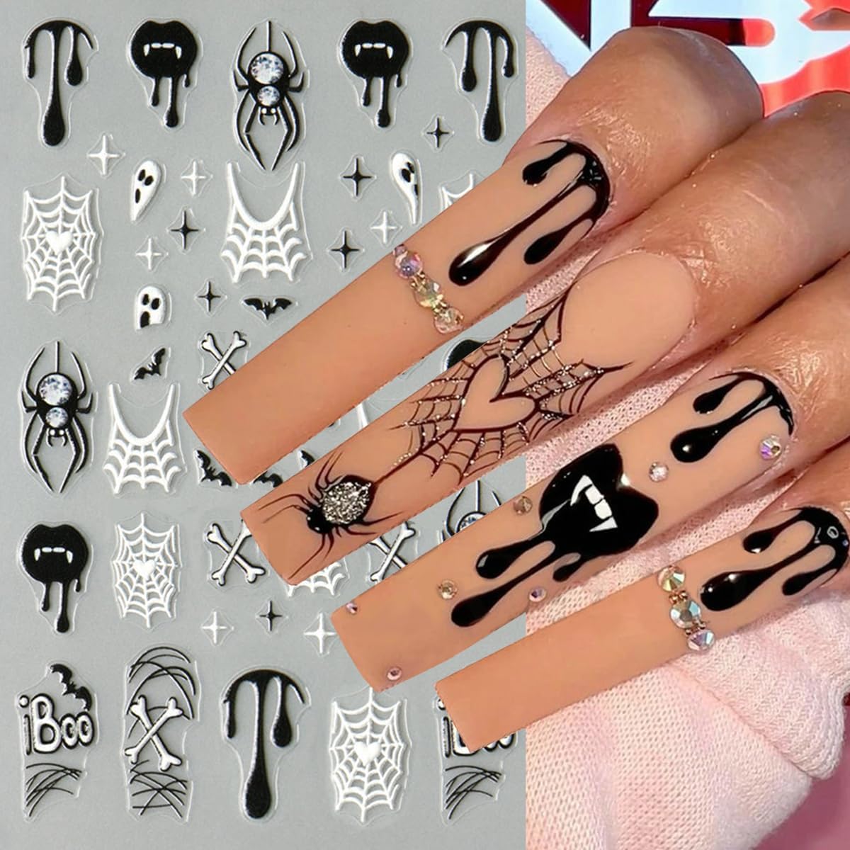 6Pcs Halloween Nail Stickers for Nail Art, Bat Spiders Nail Art Stickers Spider Web Black Rose Skull Ghost Nails Design Decals Halloween Nail Supplies for Women DIY Manicure Decoration Accessories-Velvo Beauty