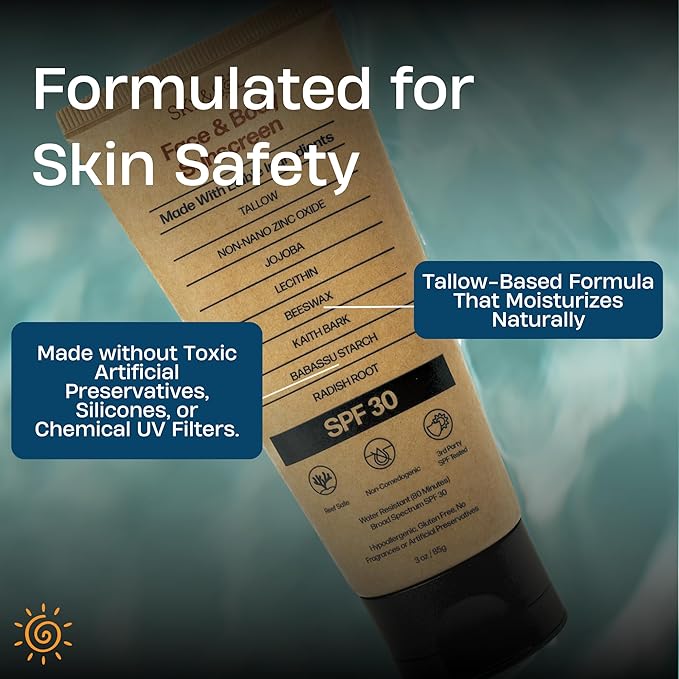 Natural Mineral Sunscreen SPF 30 3 oz: Natural Tallow & Zinc Oxide, Reef Safe, Water Resistant, Fragrance-Free, Non-Greasy Formula for Face and Body-Velvo Beauty
