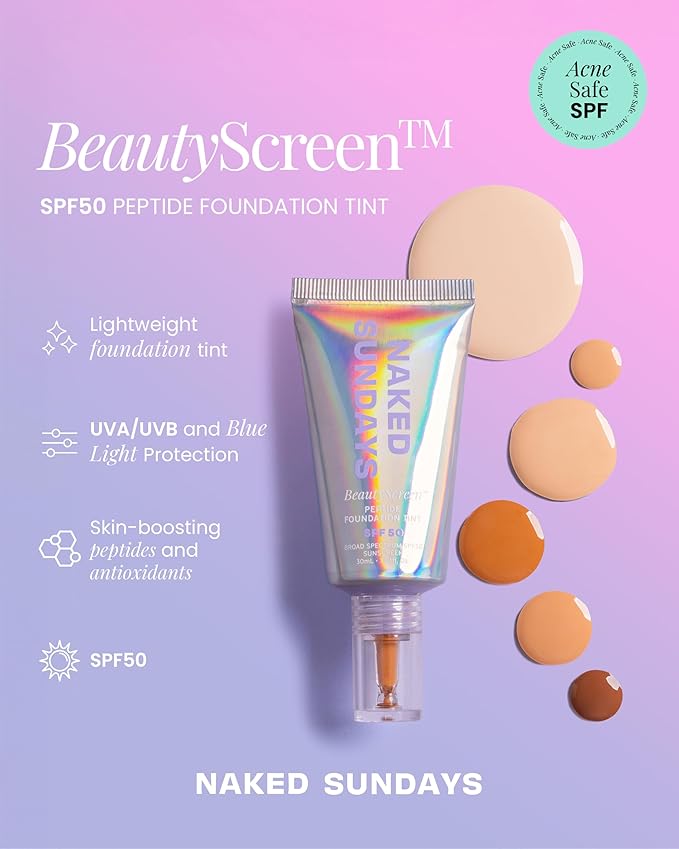 Naked Sundays BeautyScreen™ SPF 50 Mineral Peptide Foundation Tint – 2-in-1 Skin Tint & Mineral Sunscreen | Radiant, Buildable Coverage, Acne-Safe, Infused with Peptides (2 Fair Sand, 1.01 oz)-Velvo Beauty