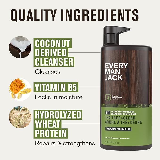 Every Man Jack 2-in-1 Tea Tree + Cedar Shampoo + Conditioner - Thicken, Cleanse, and Hydrate Hair with Coconut, Aloe, Tea Tree Oil - Naturally Derived and No Harmful Chemicals - 24oz -1 Bottle-Velvo Beauty