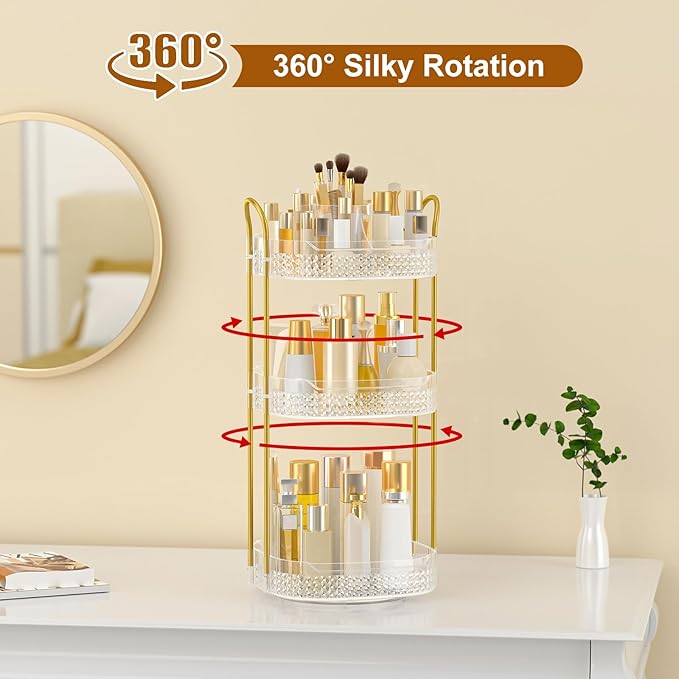 Rotating Makeup Organizer for Vanity 3 Tier, Perfume Organizer with Makeup Brush Holder, Large Capacity Cosmetics Clear Skincare Organizer for Countertop (Transparent)-Velvo Beauty