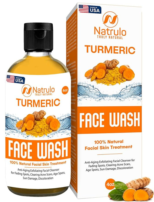 Natrulo Turmeric Face Wash, 4oz Clear Skin Liquid Soap – 100% Natural Anti Aging Exfoliating Turmeric Facial Cleanser for Fading Spots, Clearing Acne Scars, Age Spots, Sun Damage, Discoloration-Velvo Beauty