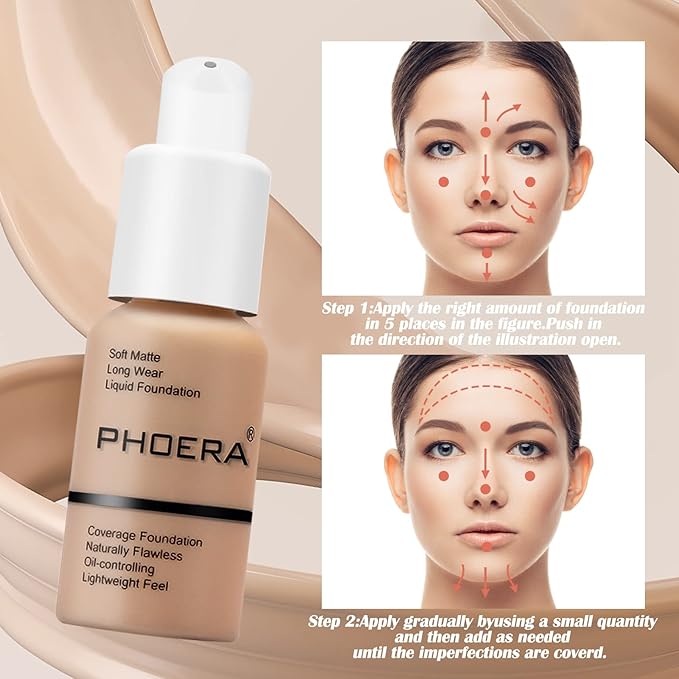 PHOERA Foundation Makeup Naturally Liquid Foundation Full Coverage Mattle Oil-Control Concealer 8 Colors Optional,Great Choice For Gift(#107 Honey,30ml)-Velvo Beauty