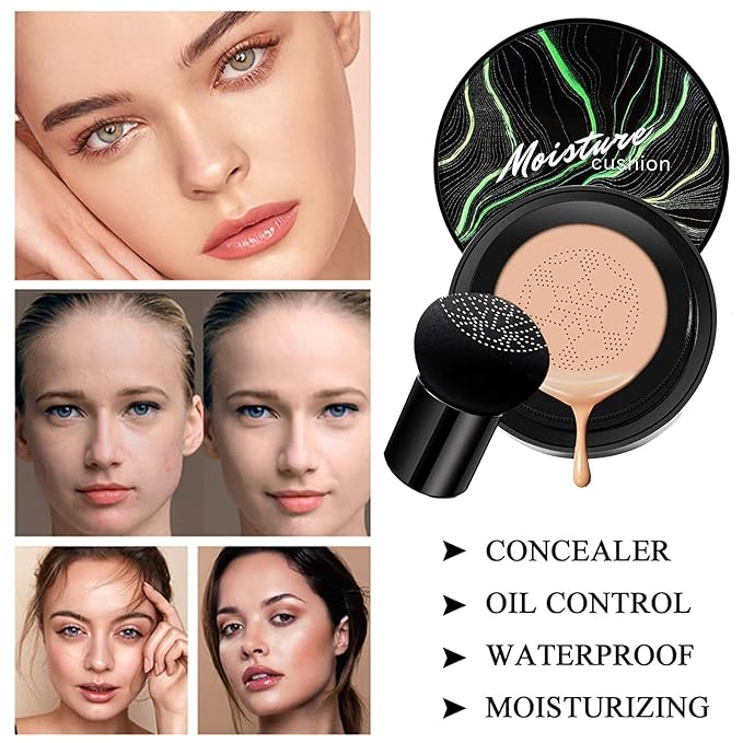 2 PCS Mushroom Head Air Cushion CC Cream Nature Foundation,Foundation Brush Powder Brush,Moisturizing Concealer, Bright Makeup Base Long Lasting with Mushroom Makeup Sponge(#03 Warm Nude)-Velvo Beauty