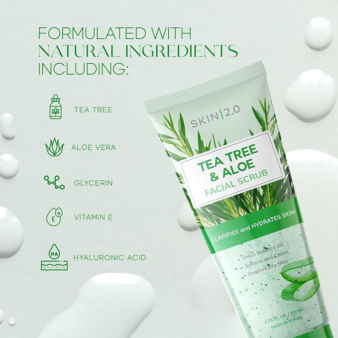 Tea Tree & Aloe Exfoliating Scrub - Dermatologist Tested, Multi-Tasking Cleanser, Clears Skin - Anti-Aging, Clean Beauty, Cruelty-Free Korean Skincare for All Skin Types - 6.76 Fl Oz / 200ML-Velvo Beauty