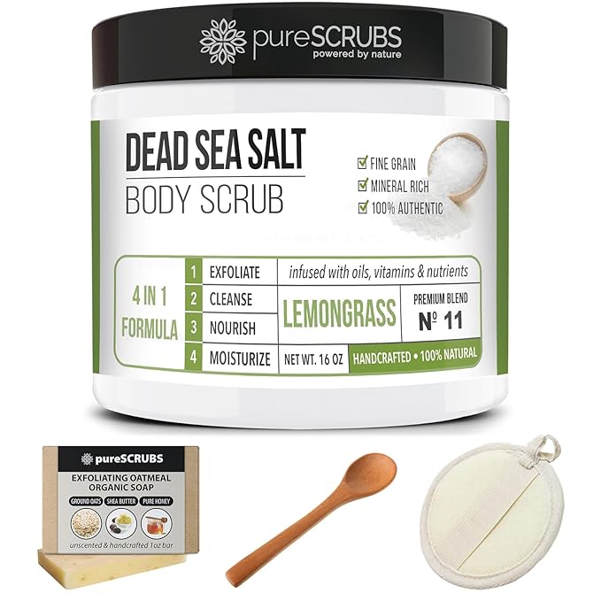 pureSCRUBS Premium Lemongrass Dead Sea Salt Body Exfoliator Scrub, Full Exfoliating Body Scrubber - Large 16oz Jar, Filled With Essential Oils, Includes Spoon, Loofah & Exfoliating Skin Soap-Velvo Beauty