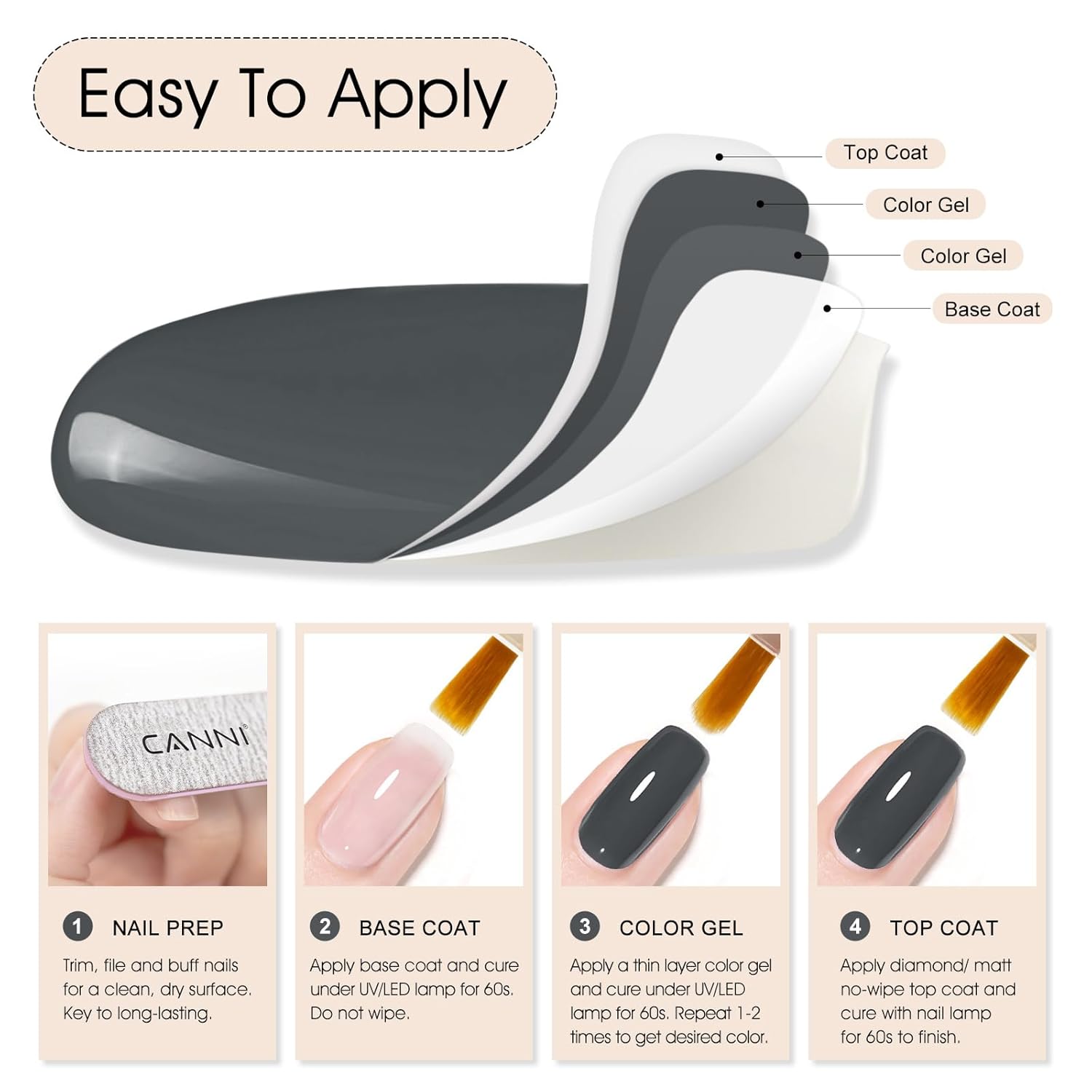 CANNI Gray Gel Nail Polish, 1Pcs Grey Nail Polish Gray Color High Gloss Soak Off U V Gel Nail French Nail Manicure Salon DIY-Velvo Beauty