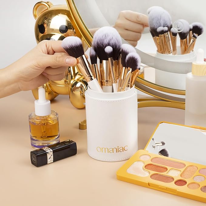 OMANIAC Makeup Brush Set Professional, 12 Pearlescent Wood Handle Makeup Brushes, Premium Cruelty-Free Synthetic Fiber Hair, Travel Make up Brushes Set with Case (White).-Velvo Beauty