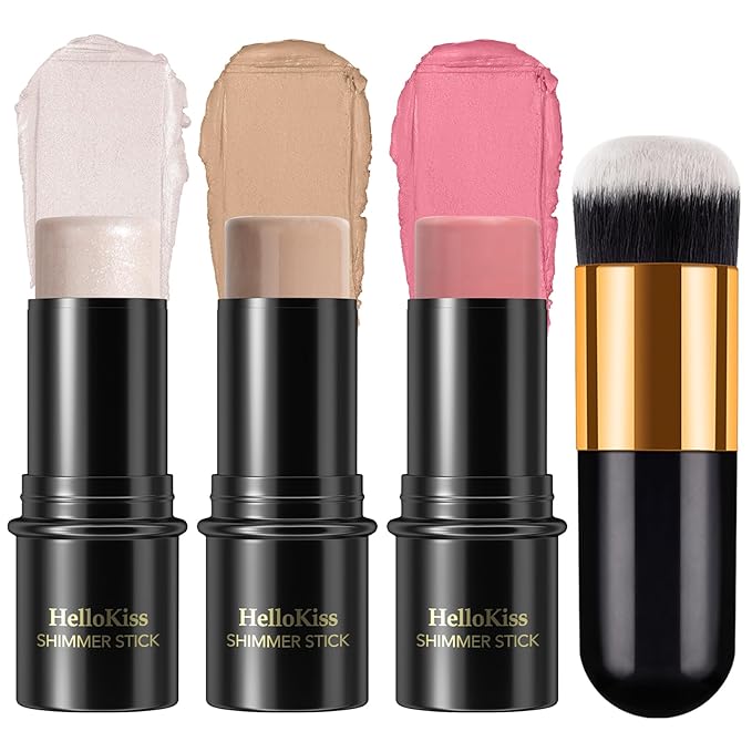 3 Pcs Face Contour Stick Kit, Matte Finish Face Stick Trio with Bronzer Blush Highlighter and Brush, Long Lasting Waterproof Cream Beauty Wand Makeup Set for Sculpt Glowing Face Look (#1, 8, 13)-Velvo Beauty