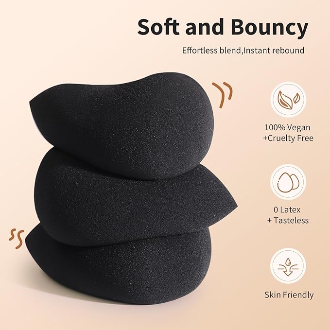 BEAKEY Makeup Sponge Set, 5 Pcs Foundation Blending Sponge, Beauty Sponges Flawless for Liquid, Cream, and Powder, Latex-Free and Vegan Boun Boun Sponges, Makeup Sponges Black-Velvo Beauty
