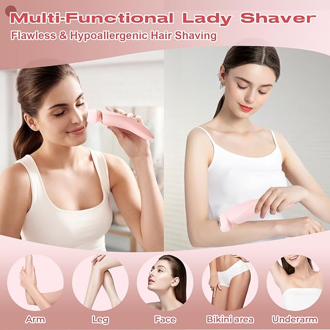 Livora Electric Shaver for Women,2 in 1 Wet & Dry Painless Hair Removal with 2 Removable Heads,Rechargeable Cordless Womens Razor for Bikini,Legs,Arms,Underarm Area,IPX7 Waterproof(Pink)-Velvo Beauty