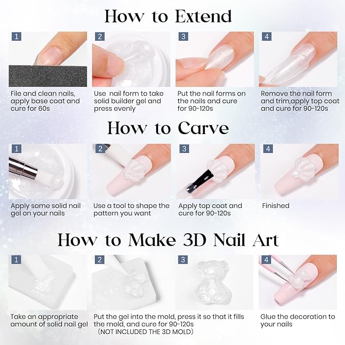 MIZHSE Solid Builder Gel, Aurora White Non-Sticky Hand Sculpting Gel for Nails, Mermaid Pearl 3D Nail Art Building Carving Modeling Hard Extension Soak Off U V LED Manicure Salon Home DIY 15g-Velvo Beauty