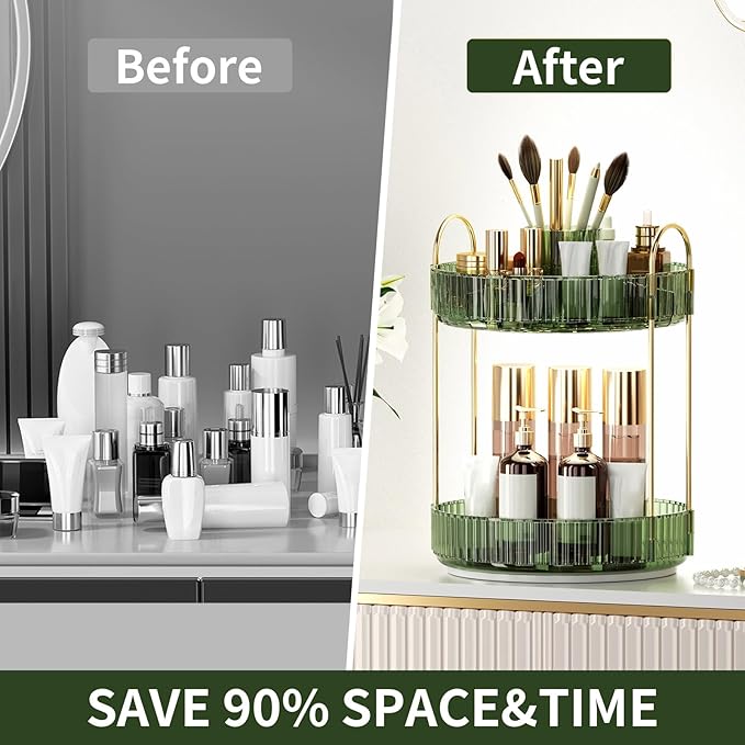 360° Rotating Makeup Organizer, Large-Capacity Skincare Make Up Storage 2 Tier Perfume Organizers Cosmetic Dresser Organizer with Makeup Brush Holder, Fits Bedroom, Bathroom, Vanity Shelf Countertop-Velvo Beauty