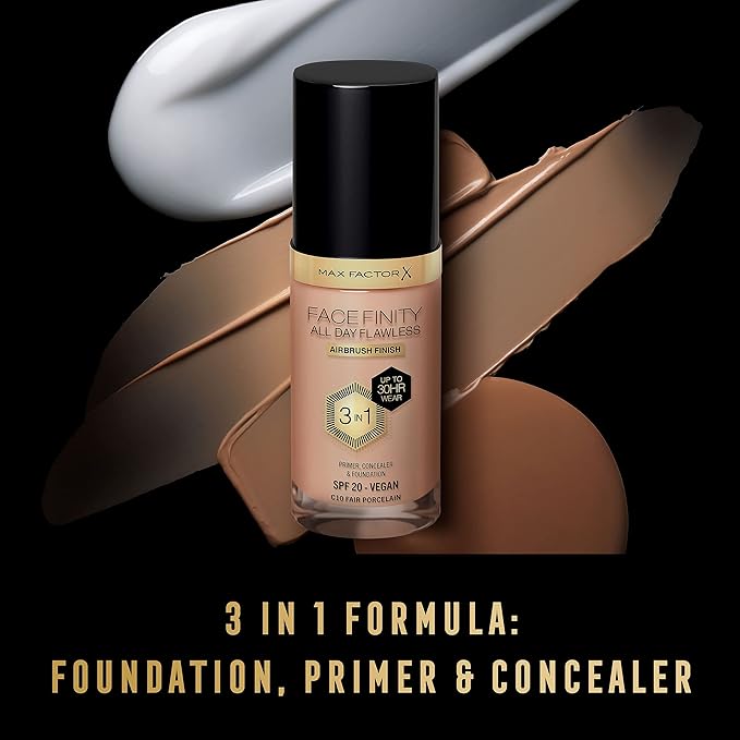 Max Factor Facefinity 3-in-1 All Day Flawless Liquid Foundation, SPF 20-10 Fair Porcelain, 30 ml-Velvo Beauty