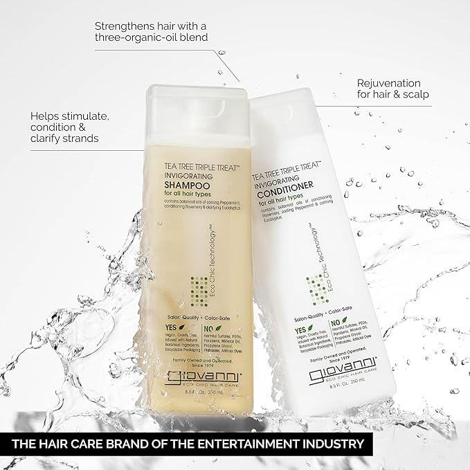 GIOVANNI Tea Tree Triple Treat Invigorating Shampoo & Conditioner Set - Cooling Peppermint, Eucalyptus, Rosemary, Helps Dry, Flaky Scalp, Salon Quality, Vegan, Cruelty Free, Paraben Free - 24 oz Each-Velvo Beauty