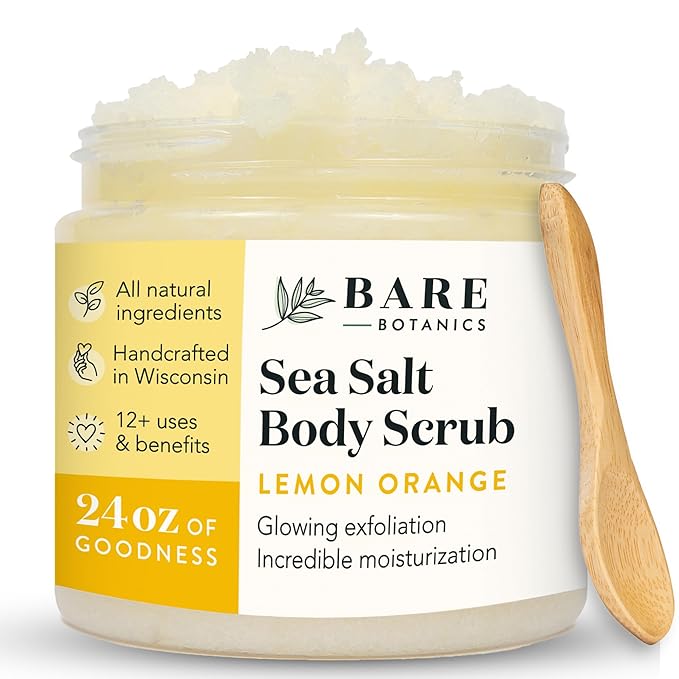 Bare Botanics Lemon Orange Body Scrub 24oz | Made in Madison, WI | All Natural Sea Salt Exfoliator w/ Skin Loving Moisturizers | Vegan & Cruelty Free | Gift Ready Packaging w/ a Cute Wooden Spoon-Velvo Beauty