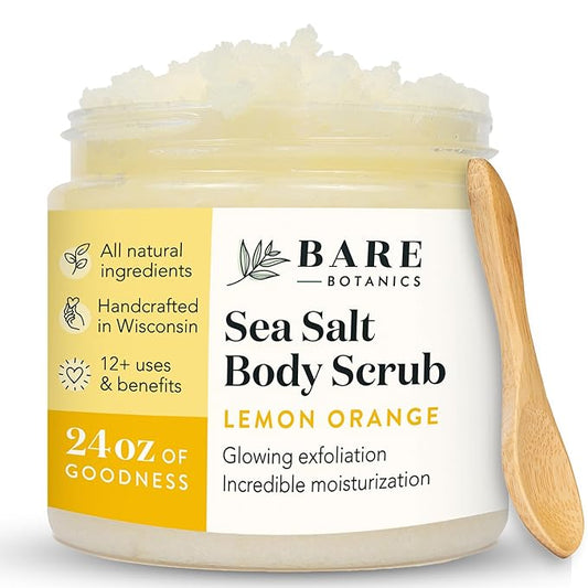 Bare Botanics Lemon Orange Body Scrub 24oz | Made in Madison, WI | All Natural Sea Salt Exfoliator w/ Skin Loving Moisturizers | Vegan & Cruelty Free | Gift Ready Packaging w/ a Cute Wooden Spoon-Velvo Beauty