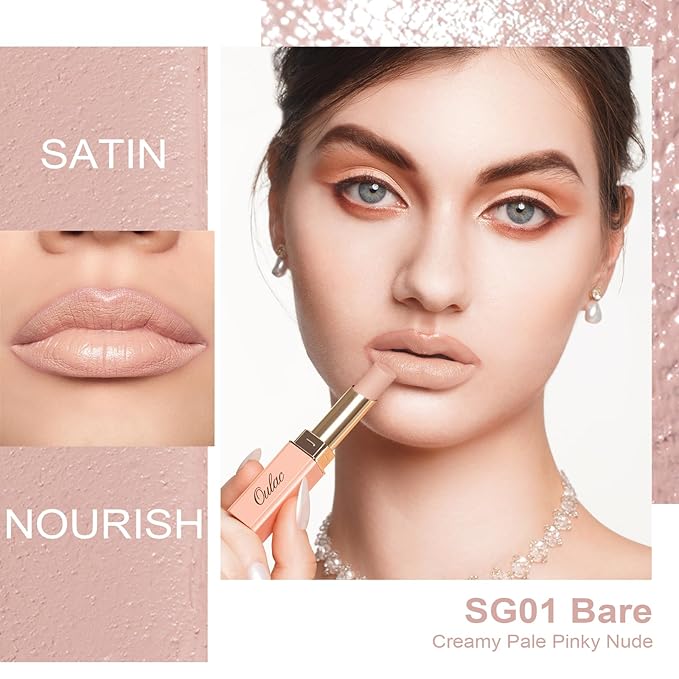 Oulac Beige Nude Satin Lipstick Set - Matte Lip Base, Full Coverage Lip Color, Satin Matte Finish, Cream Texture, Hydrating, Infused with Hyaluronic Acid, 4g*2 SG01+SG02-Velvo Beauty
