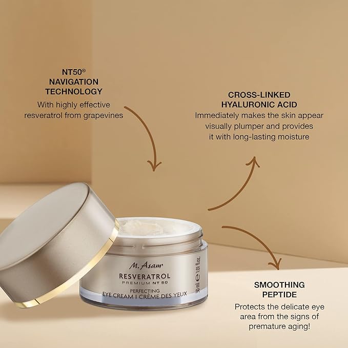 M. Asam Resveratrol Premium NT50 Perfecting Eye Cream – Anti-aging under eye cream with resveratrol & hyaluronic acid to smooth wrinkles & fine lines, vegan formula, 1.01 Fl Oz-Velvo Beauty