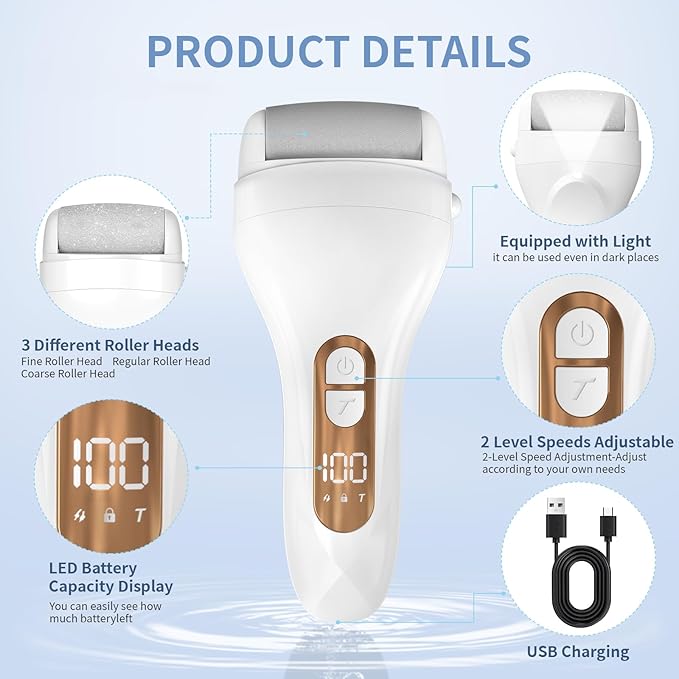 Electric Callus Remover for Feet - with Larger Grinding Head, Portable Pedicure Kit Foot File Callus Remover, Rechargeable Waterproof Foot File for Foot Care Deadskin Remover LCD Display-White-Velvo Beauty