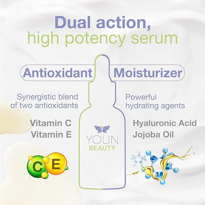 YOUN Beauty 20% Vitamin C Face Serum with Hyaluronic Acid, Ferulic Acid & Vitamin E by Holistic Plastic Surgeon Dr. Anthony Youn | Antioxidant Serum for Face for Skin Hydration, 60 ml-Velvo Beauty