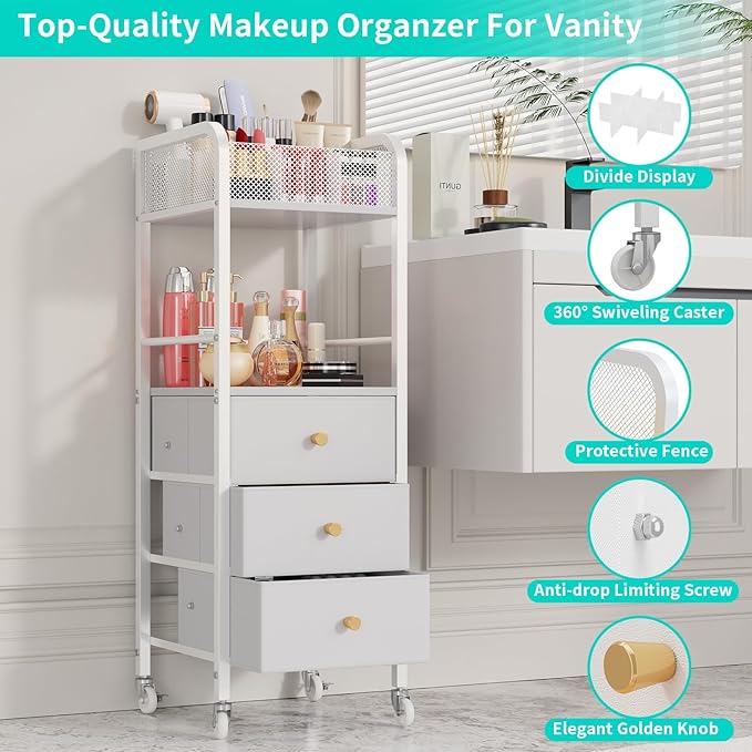 HapiRm Rolling Makeup Cart Organizer - Floor Skincare Make Up Storage with 3 Drawers, Vanity Organizer Cosmetic Display Cases Holder for Skin Care Perfume Nail Polish Brush Hair Tool, White-Velvo Beauty