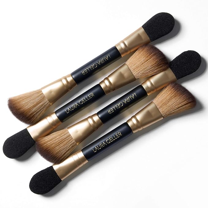 LAURA GELLER NEW YORK Dual-Ended Highlighter Brush - Multipurpose Makeup Brush for Highlighter, Blush, Bronzer and More - Includes Dual-Fiber Vegan Bristles and Satin Paddle for Flawless Application-Velvo Beauty