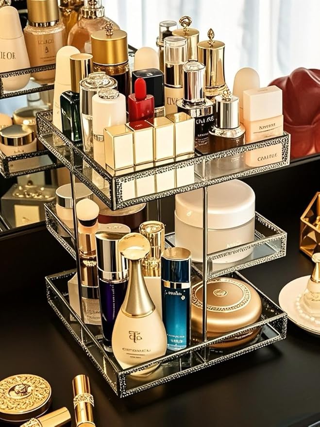 Vintage Glow Antique 360 Degree Rotating Makeup Organizer,4-Tier Spinning Perfume Tray,Countertop Cosmetic Storage,Glass Beauty Display,Retro Large Capacity Vanity Organizer for Brushes Skincare-Velvo Beauty