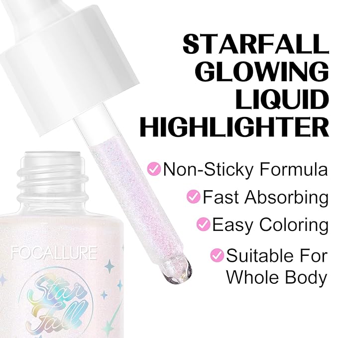 FOCALLURE Starfall Glowing Liquid Highlighter, Shimmering Body Oil, Non-Sticky Shimmer Liquid Luminizer, Non-Greasy, Face & Body Glitter Makeup for Costumes, Cosplay, Rave Festival, ORION-Velvo Beauty