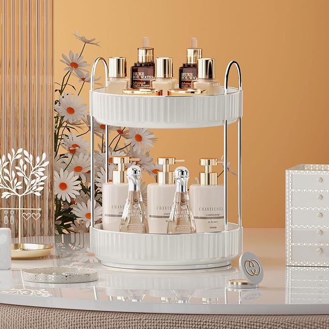 Rotating Makeup Organizer for Vanity, 2 Tier High-Capacity Skincare & Makeup Storage, Perfume Organizer, Cosmetic Dresser, Countertop 360 Spinning-Velvo Beauty