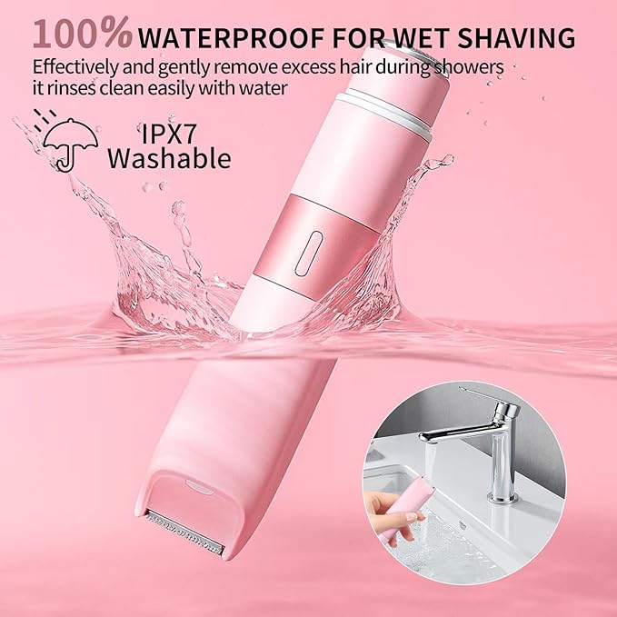 Bikini Trimmer for Women - 2 in 1 Painless Electric Razors for Women, IPX7 Waterproof Rechargeable LED Dual Head Electric Shaver for Lady Bikini Underarm, Body, Leg, Face Hair Remove - Pink-Velvo Beauty