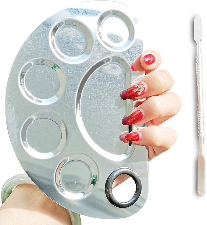 Makeup Palette Stainless Steel Cosmetic Palette 6-well with Spatula Tool for Nail Art Eye Shadow Mixing Foundation Painting Artist Mini Mixing Metal Palette Silver 4.9x3.3inch-Velvo Beauty