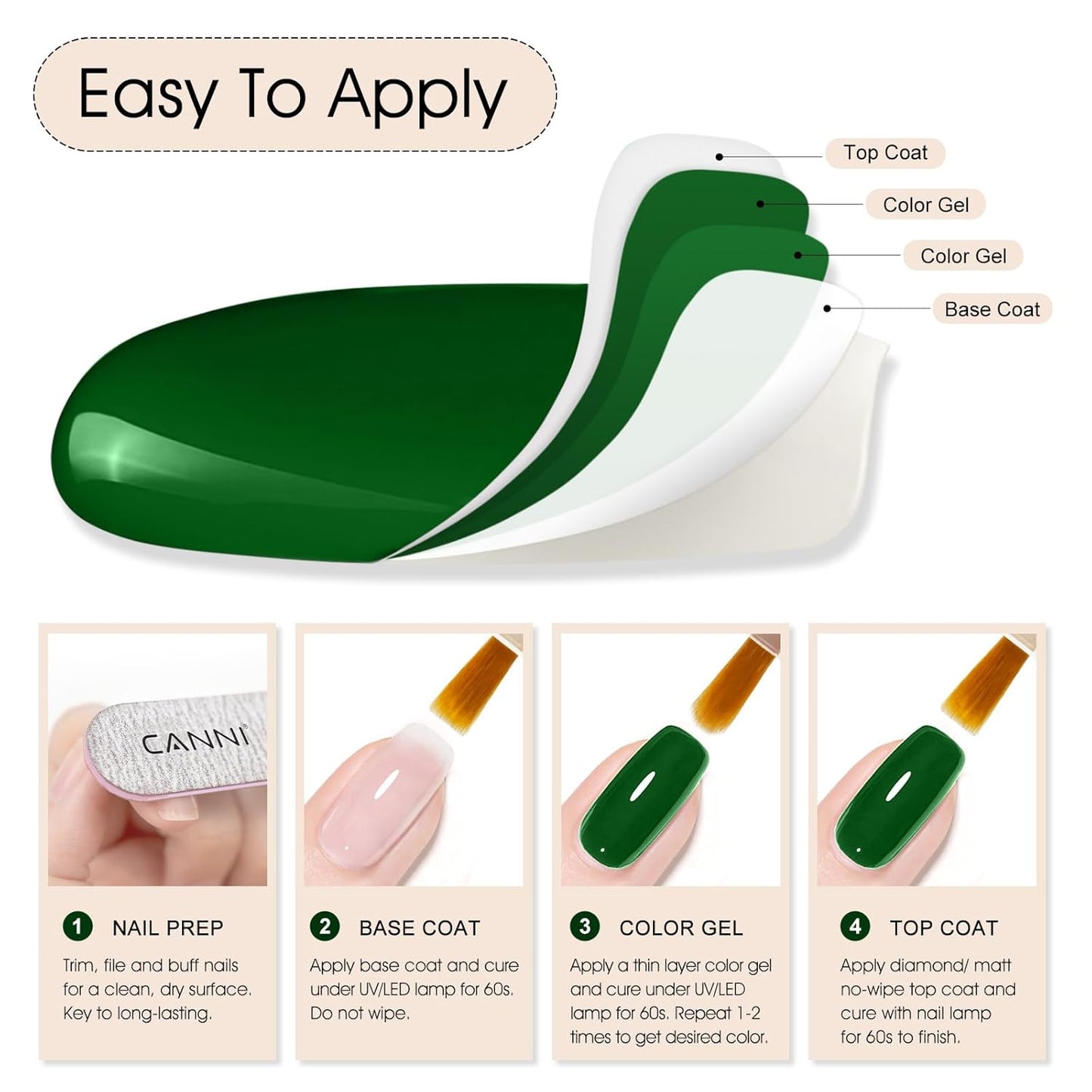 CANNI Green Gel Nail Polish, 1Pcs Emerald Dark Green Color Gel Polish Nail High Gloss Soak Off UV French Manicure Salon DIY-Velvo Beauty